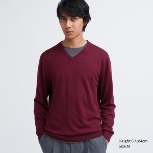 Burgundy Men Uniqlo Extra Fine Merino V-neck Sweaters | USA TMCYX-3840