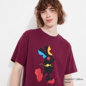 Burgundy Men Uniqlo Mickey Stands Ut (Short-sleeve Graphic) T Shirts | USA GOWIK-7692