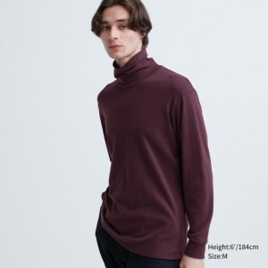 Burgundy Men Uniqlo Soft Brushed Turtleneck Long-sleeve T Shirts | USA AUFPB-9761