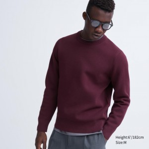 Burgundy Men Uniqlo Washable Milano Ribbed Crew Neck Sweaters | USA RWMIV-1823