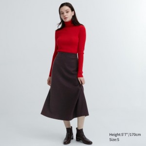 Burgundy Women Uniqlo Brushed Jersey Flared Skirts | USA NXEVA-9803