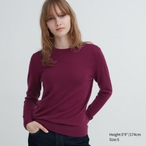 Burgundy Women Uniqlo Extra Fine Merino Crew Neck Sweaters | USA JPVQU-8643