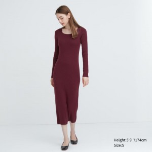 Burgundy Women Uniqlo Merino Blend Fitted U-neck Long-sleeve Dress | USA YQVOR-2375