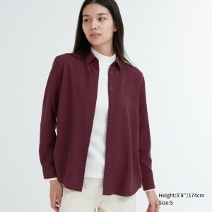 Burgundy Women Uniqlo Rayon Long-sleeve Blouse | USA HVJLO-8395