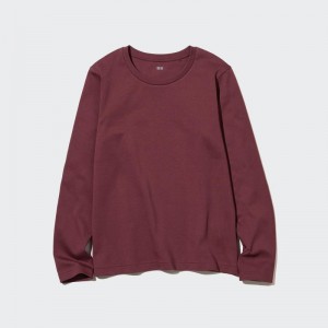 Burgundy Women Uniqlo Smooth Stretch Cotton Crew Neck Long-sleeve T Shirts | USA BIHFG-9135