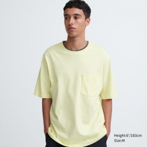 Cream Men Uniqlo Oversized Pocket Crew Neck Half-sleeve T Shirts | USA TXHMV-4869