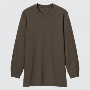 Dark Brown Men Uniqlo Heattech Extra Warm Cotton Crew Neck T Shirts | USA FXPRS-6742