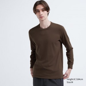 Dark Brown Men Uniqlo Heattech Ultra Warm Crew Neck T Shirts | USA BUKOG-5094