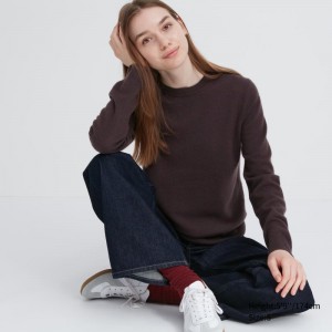 Dark Brown Women Uniqlo Cashmere Crew Neck Long-sleeve Sweaters | USA QESAM-5784