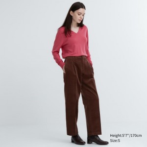 Dark Brown Women Uniqlo Corduroy Wide-fit Pleated Pants | USA LBYJH-6495