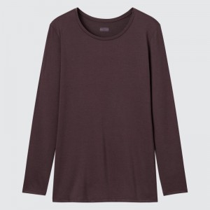 Dark Brown Women Uniqlo Heattech Crew Neck Long-sleeve T Shirts | USA IUWMC-9467