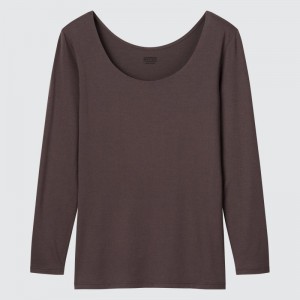 Dark Brown Women Uniqlo Heattech Scoop Neck Long-sleeve T Shirts | USA XLOSG-2901