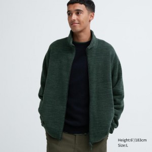 Dark Green Men Uniqlo Fleece Full-zip Long Sleeve Jackets | USA ZXOEG-0936