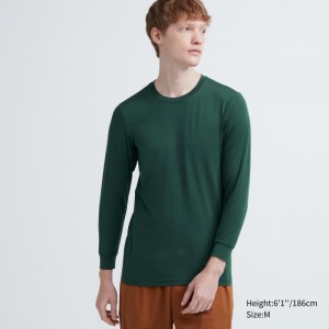 Dark Green Men Uniqlo Heattech Crew Neck Long-sleeve T Shirts | USA RDEFU-9812