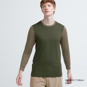 Dark Green Men Uniqlo Heattech Crew Neck Long Sleeve T Shirts | USA AIWVU-9320