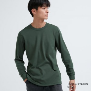 Dark Green Men Uniqlo Heattech Ultra Warm Crew Neck T Shirts | USA CXJZL-7519