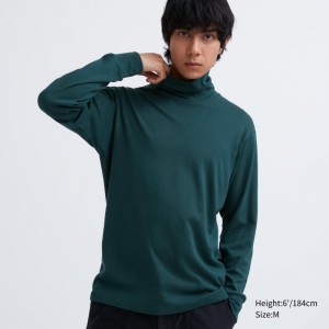 Dark Green Men Uniqlo Soft Brushed Turtleneck Long-sleeve T Shirts | USA UIDOK-5128