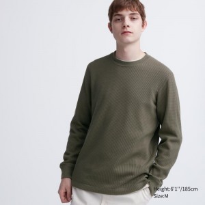 Dark Green Men Uniqlo Waffle Crew Neck Long-sleeve T Shirts | USA ZSXAY-9237