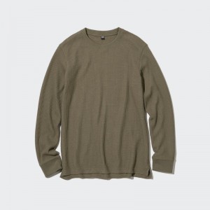 Dark Green Men Uniqlo Waffle Crew Neck Long-sleeve T Shirts | USA ITVML-4631