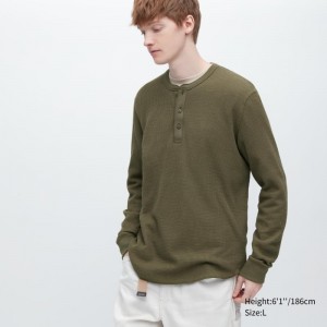 Dark Green Men Uniqlo Waffle Long-sleeve Henley T Shirts | USA MSOUG-9304