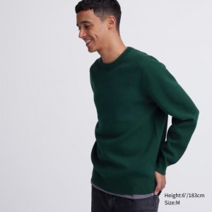 Dark Green Men Uniqlo Washable Milano Ribbed Crew Neck Sweaters | USA GZAYD-4857