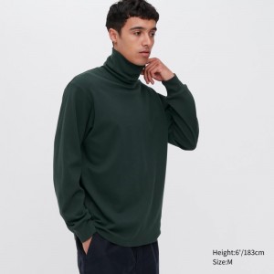 Dark Green Women Uniqlo Brushed Cotton Turtleneck Long-sleeve T Shirts | USA RELMV-1648