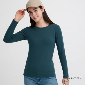 Dark Green Women Uniqlo Heattech Cotton Crew Neck Long-sleeve (Extra Warm) T Shirts | USA NXQAY-0465