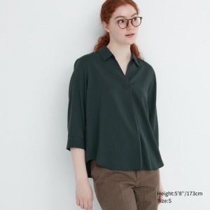 Dark Green Women Uniqlo Rayon Skipper Collar 3/4-sleeve Blouse | USA CMEUZ-2539