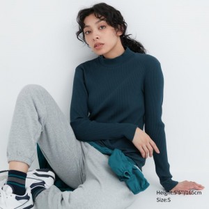 Dark Green Women Uniqlo Ribbed High Neck Long-sleeve T Shirts | USA JBYOK-7082