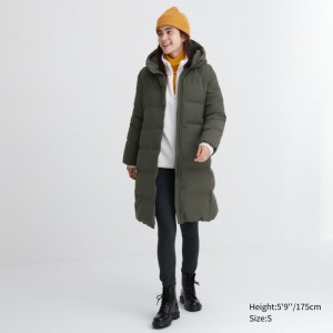 Dark Green Women Uniqlo Seamless Down Long Coats | USA RKMDX-7189