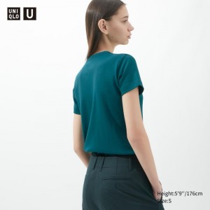 Dark Green Women Uniqlo U Crew Neck Short-sleeve T Shirts | USA DJFWG-9874