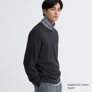 Dark Grey Men Uniqlo Cashmere Crew Neck Long-sleeve Sweaters | USA IQVFK-3576