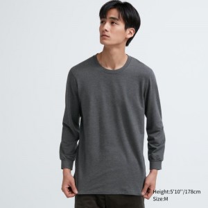 Dark Grey Men Uniqlo Heattech Cotton Crew Neck (Extra Warm) T Shirts | USA AIDGZ-3560