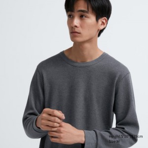 Dark Grey Men Uniqlo Heattech Cotton Waffle Crew Neck Long-sleeve (Extra Warm) T Shirts | USA OTHPG-4859