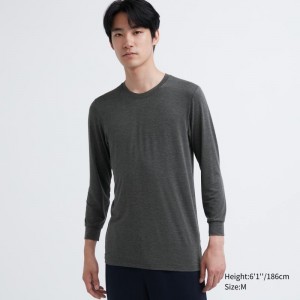 Dark Grey Men Uniqlo Heattech Crew Neck Long-sleeve T Shirts | USA FLQIW-7694