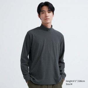 Dark Grey Men Uniqlo Smooth Fleece Mock Neck T Shirts | USA VGDBN-4129