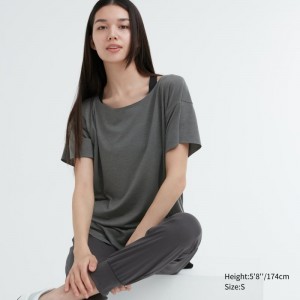 Dark Grey Women Uniqlo Airism Seamless Boat Neck Short-sleeve Long T Shirts | USA KLFRT-8419