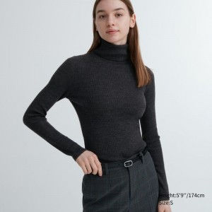 Dark Grey Women Uniqlo Extra Fine Merino Ribbed Turtleneck Long-sleeve Sweaters | USA NLCUF-3982