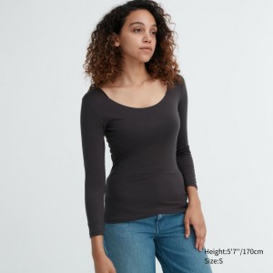 Dark Grey Women Uniqlo Heattech Scoop Neck Long-sleeve T Shirts | USA MKWNQ-1580