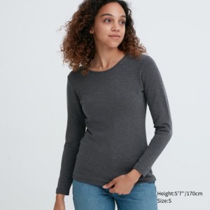 Dark Grey Women Uniqlo Heattech Ultra Warm Crew Neck T Shirts | USA IJFBS-8563