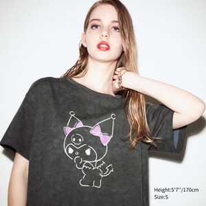 Dark Grey Women Uniqlo Sanrio Characters: Kuromi & My Melody Ut (Short-sleeve Graphic Tunic) T Shirts | USA YQOBN-8193