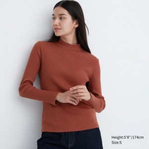 Dark Orange Women Uniqlo Ribbed High Neck Long-sleeve T Shirts | USA SJWPM-3510