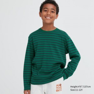 Green Kids Uniqlo Soft Brushed Striped Crew Neck Long-sleeve T Shirts | USA RPJWO-4309