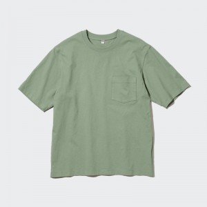 Green Men Uniqlo Oversized Pocket Crew Neck Half-sleeve T Shirts | USA SXMLT-9548