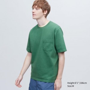 Green Men Uniqlo Oversized Pocket Crew Neck Half-sleeve T Shirts | USA ZKUVR-6845