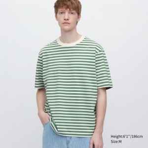 Green Men Uniqlo Oversized Striped Half-sleeve T Shirts | USA BDPMK-4729