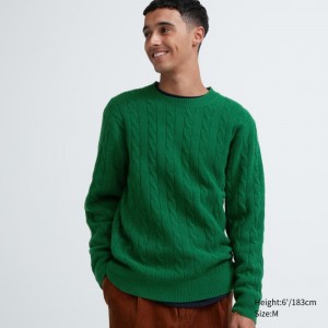 Green Men Uniqlo Souffle Yarn Cable Crew Neck Sweaters | USA TALFB-2139