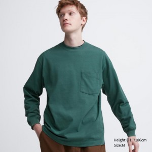 Green Men Uniqlo Washed Cotton Crew Neck Long-sleeve T Shirts | USA TJELF-2315