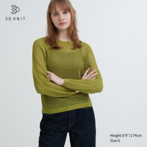 Green Women Uniqlo 3d Knit Mesh Long-sleeve Crew Neck Sweaters | USA ERAWM-1690