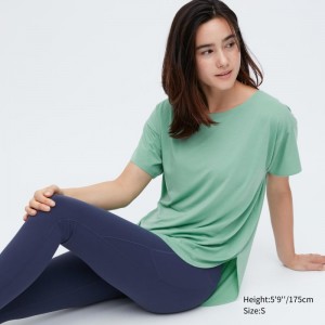 Green Women Uniqlo Airism Seamless Boat Neck Long T Shirts | USA HNPUJ-3942